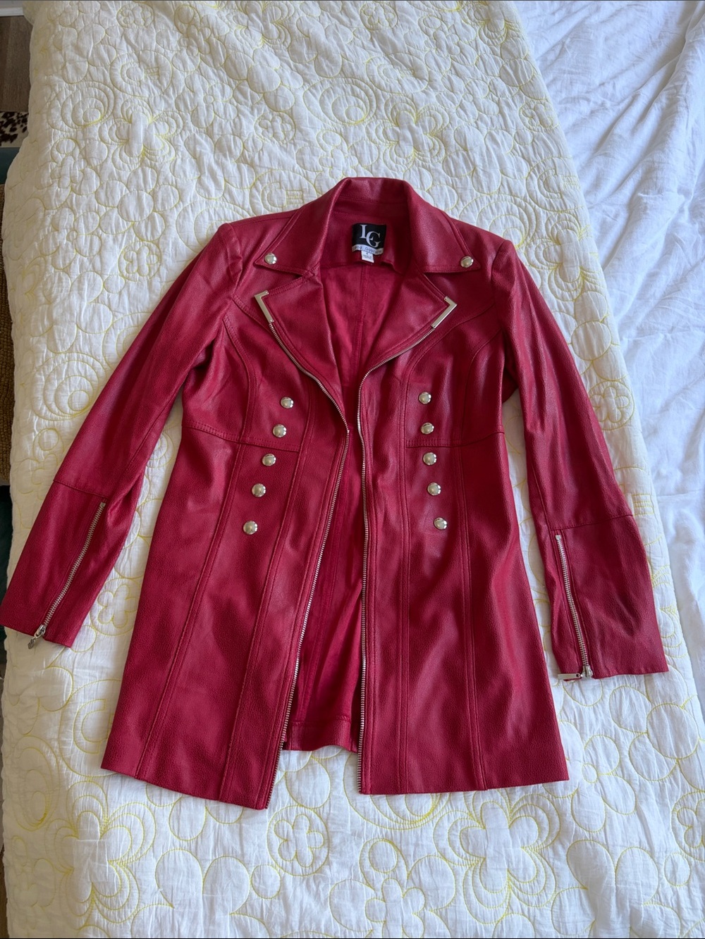 LG Red Pleather Military-Style Women's Jacket with Silver Hardware